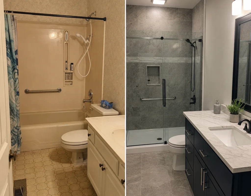 Before-and-after Knoxville bathroom showing a dated tub and vanity transformed into a glass walk-in shower with an updated vanity and improved lighting