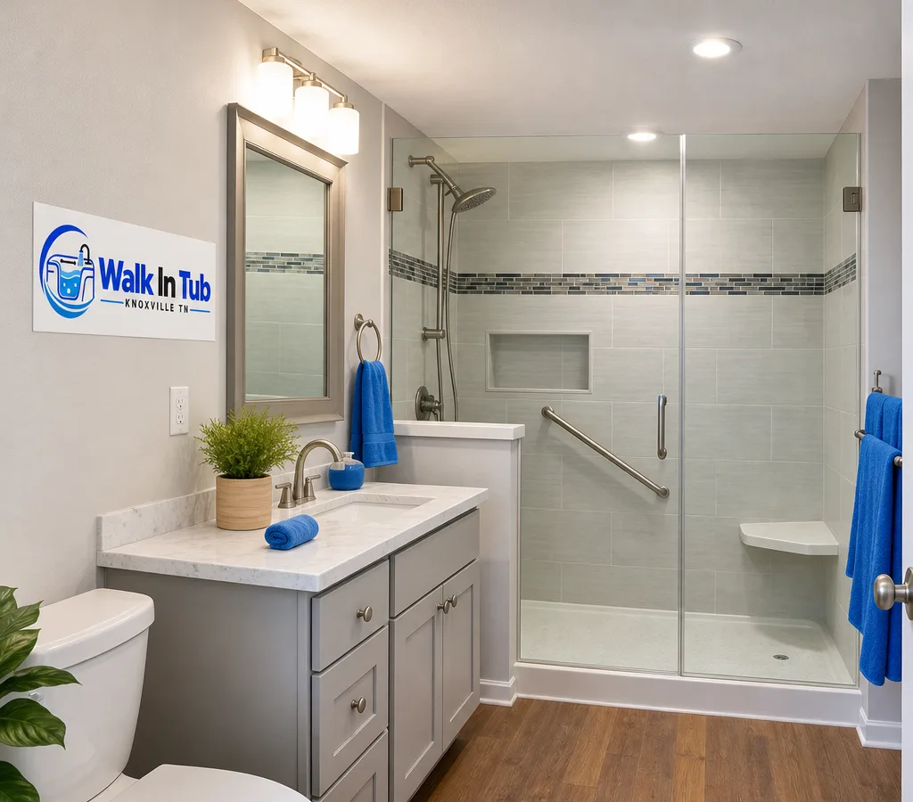 Bright finished Knoxville bathroom with a tiled shower, glass door, updated vanity, new lighting, and clean grout lines