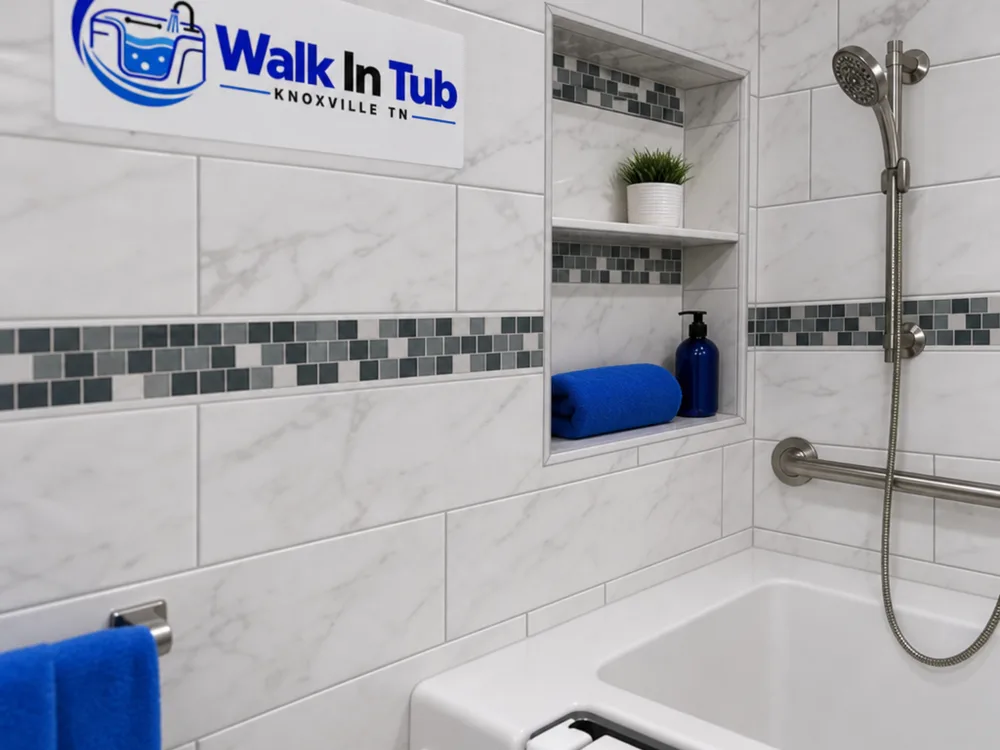 Finished shower detail with a niche, even grout lines, and precisely aligned tile cuts at corners and edges