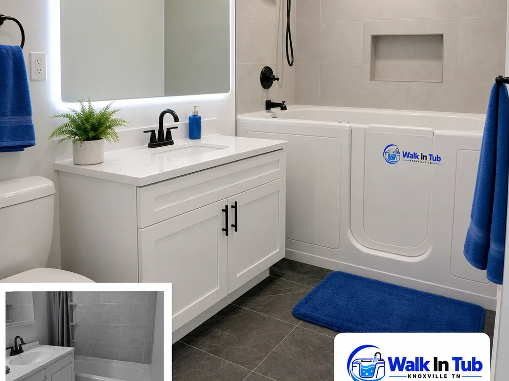 Finished bathroom with large-format floor tile, a white vanity, matte black fixtures, and bright mirror lighting