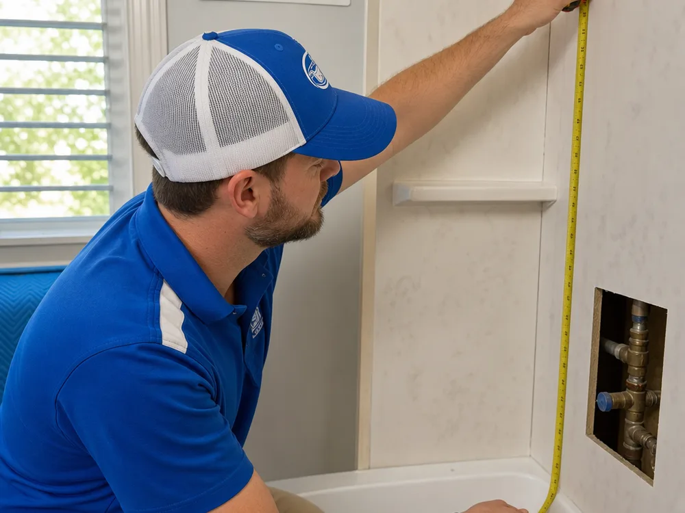 Installer measuring a bathtub alcove and checking plumbing access before walk-in tub installation
