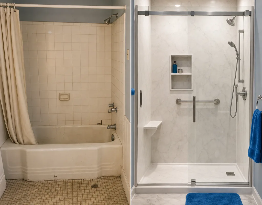 Before-and-after view of an older Knoxville tub and shower replaced by a walk-in shower with a low threshold, niche storage, and brighter wall surfaces