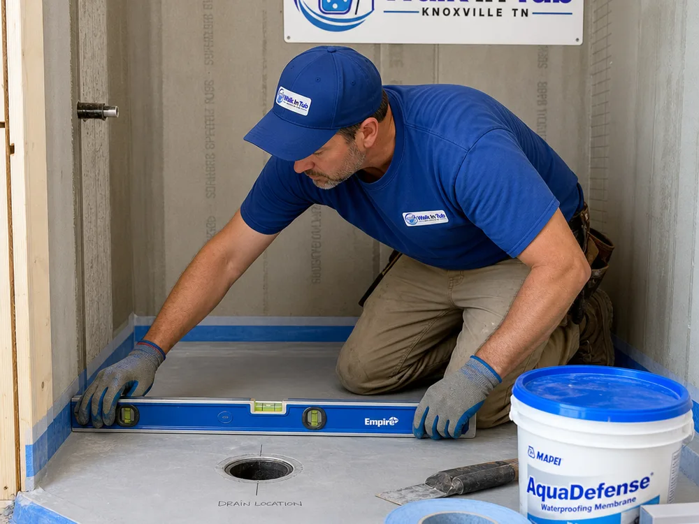 Installer checking level and slope on a shower pan base with the drain location marked and waterproofing materials staged nearby