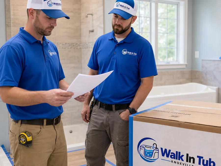 Two installers reviewing a walk-in tub installation plan in a protected Knoxville bathroom